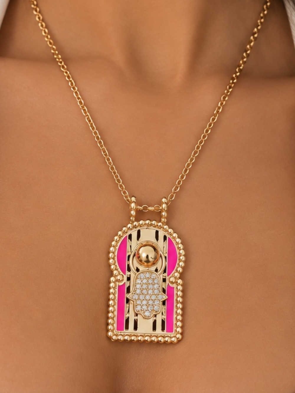 Gold-tone Pink Hamsa Pendant Necklace
